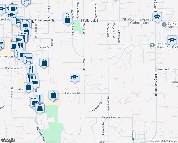 map of restaurants, bars, coffee shops, grocery stores, and more near 1058 Morro Road in Fallbrook