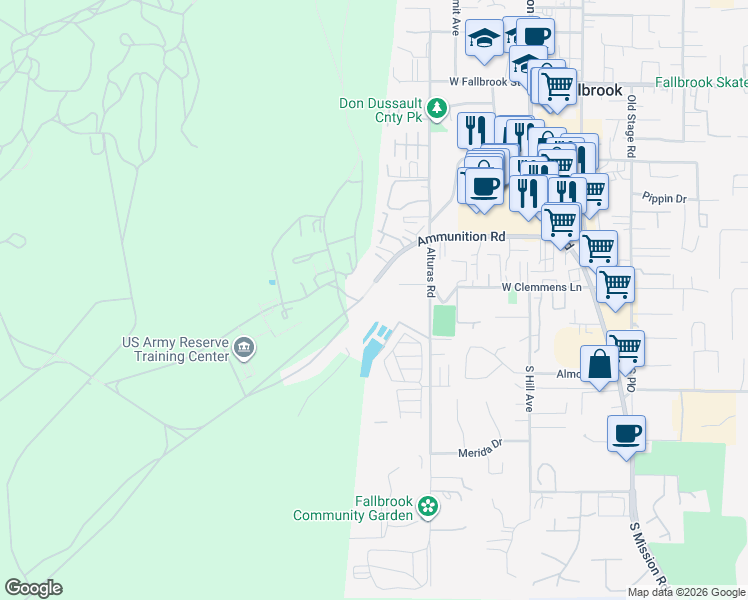 map of restaurants, bars, coffee shops, grocery stores, and more near 640 Ammunition Road in Fallbrook