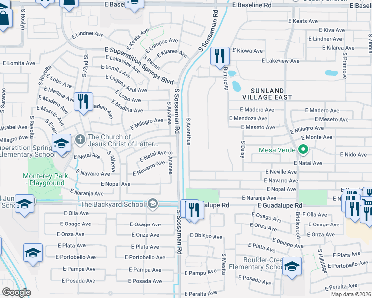map of restaurants, bars, coffee shops, grocery stores, and more near 2554 South Acanthus in Mesa