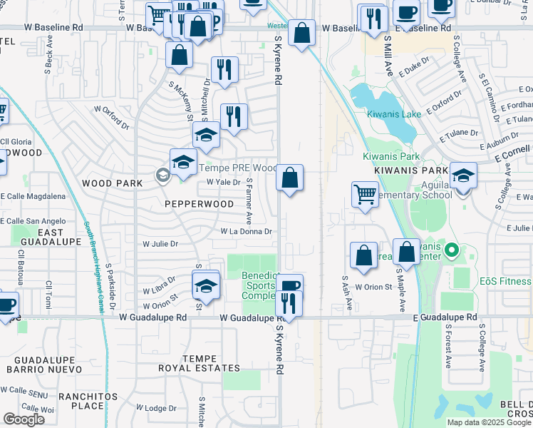 map of restaurants, bars, coffee shops, grocery stores, and more near 5952 South Brittany Lane in Tempe