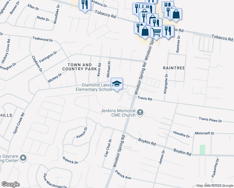 map of restaurants, bars, coffee shops, grocery stores, and more near 4153 Windsor Spring Road in Hephzibah