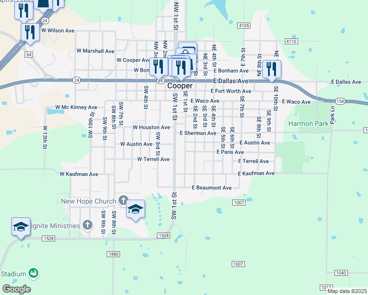 map of restaurants, bars, coffee shops, grocery stores, and more near 852 Southeast 1st Street in Cooper