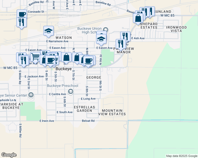 map of restaurants, bars, coffee shops, grocery stores, and more near 816 E Lincoln Ave in Buckeye