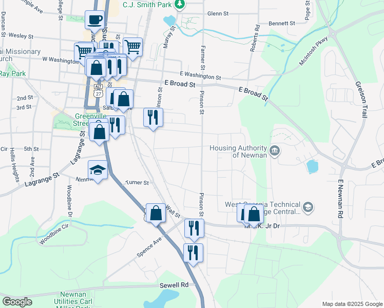 map of restaurants, bars, coffee shops, grocery stores, and more near 6 Hardaway Street in Newnan