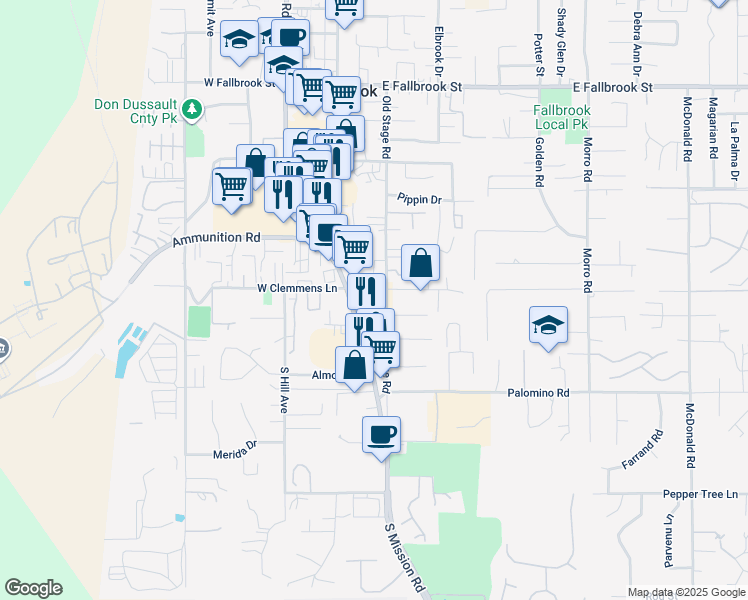 map of restaurants, bars, coffee shops, grocery stores, and more near 1404 South Mission Road in Fallbrook