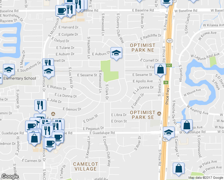 map of restaurants, bars, coffee shops, grocery stores, and more near 2011 East Apollo Avenue in Tempe