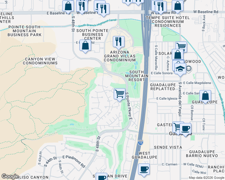 map of restaurants, bars, coffee shops, grocery stores, and more near 8601 South 48th Street in Phoenix