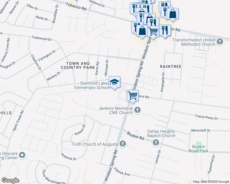 map of restaurants, bars, coffee shops, grocery stores, and more near 4153 Windsor Spring Road in Hephzibah