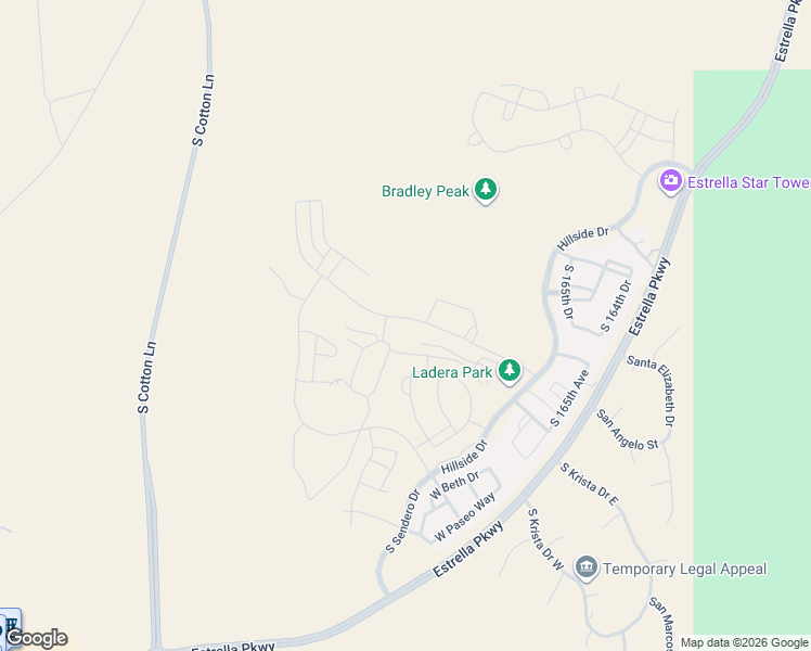 map of restaurants, bars, coffee shops, grocery stores, and more near 9100-9164 South Estrella Parkway in Goodyear