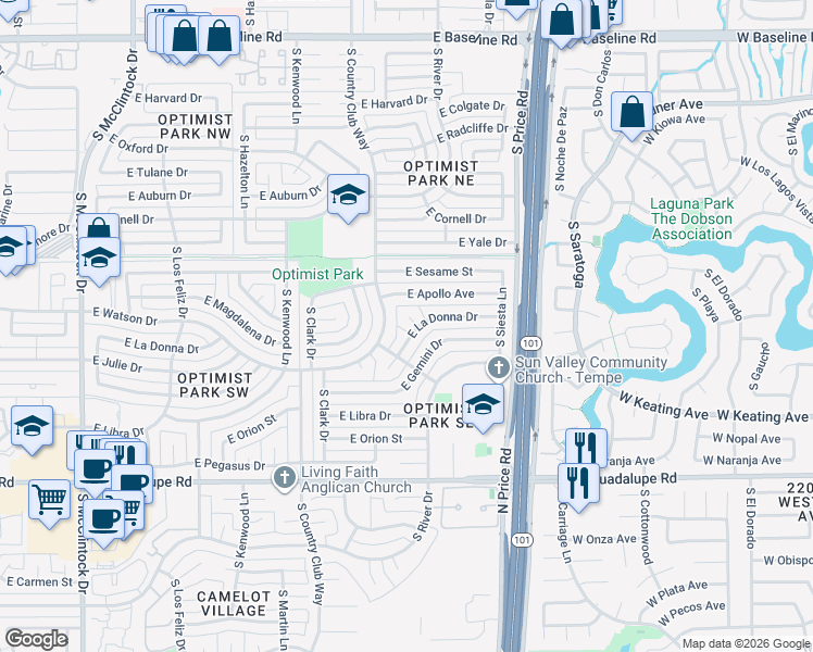 map of restaurants, bars, coffee shops, grocery stores, and more near 2114 East La Donna Drive in Tempe