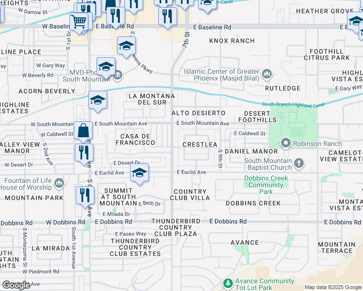 map of restaurants, bars, coffee shops, grocery stores, and more near 8446 South 7th Place in Phoenix