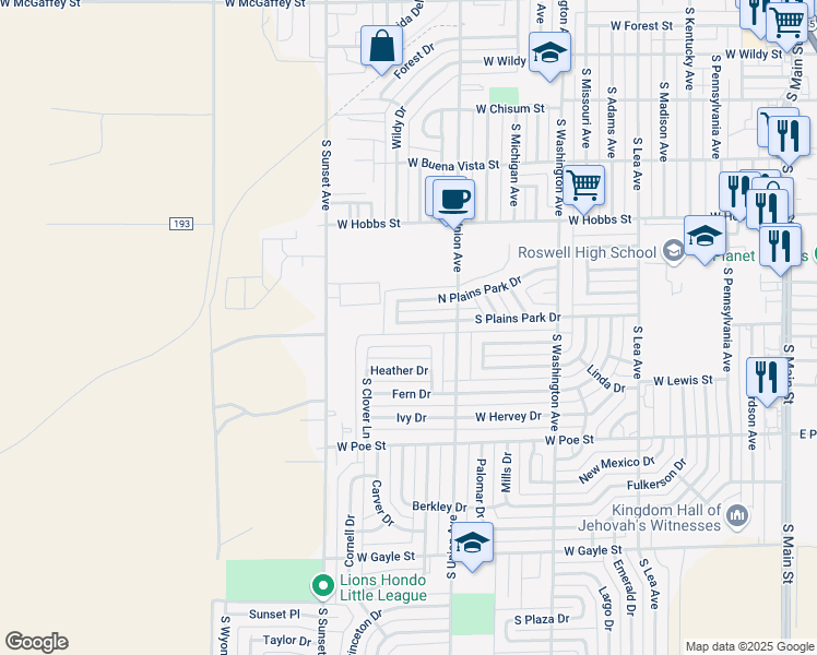 map of restaurants, bars, coffee shops, grocery stores, and more near 1018 South Plains Park Drive in Roswell