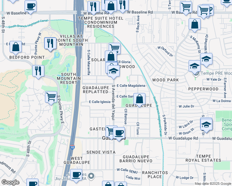 map of restaurants, bars, coffee shops, grocery stores, and more near 8419 South Avenida del Yaqui in Guadalupe