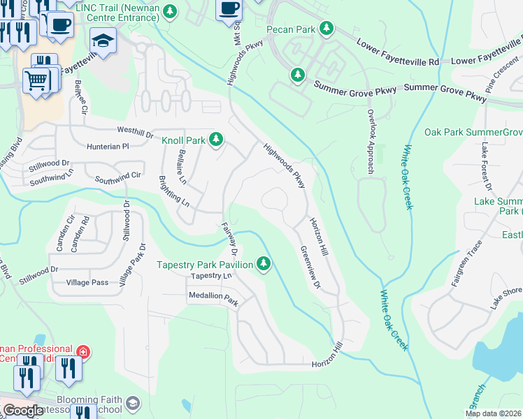 map of restaurants, bars, coffee shops, grocery stores, and more near 144 Greenview Drive in Newnan