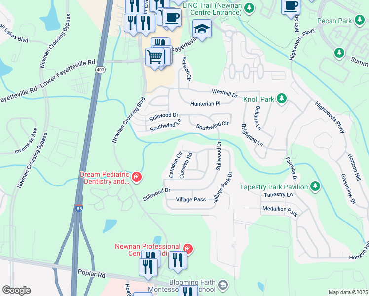 map of restaurants, bars, coffee shops, grocery stores, and more near 275 Village Park Drive in Newnan