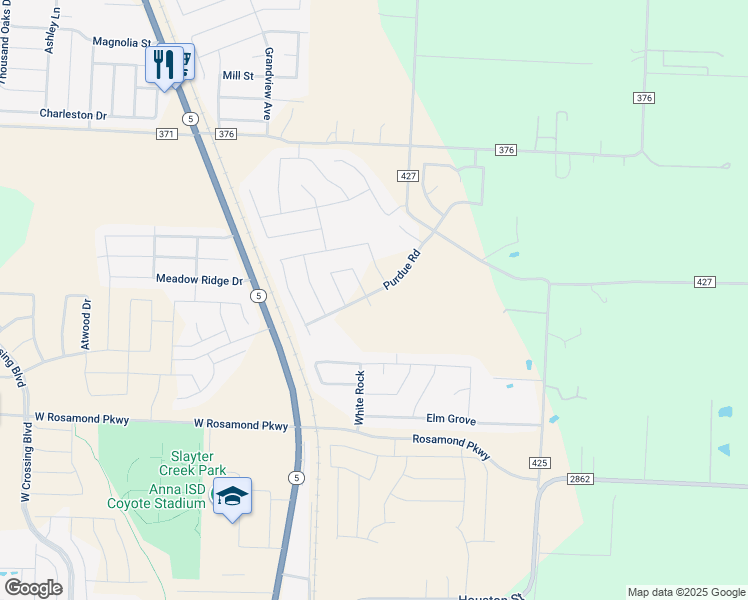 map of restaurants, bars, coffee shops, grocery stores, and more near 404 Purdue Road in Anna