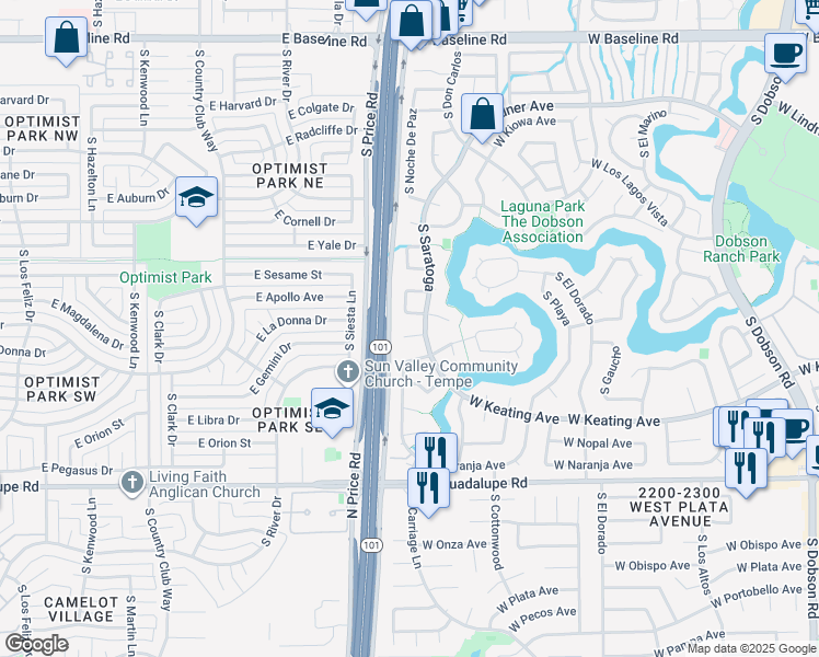 map of restaurants, bars, coffee shops, grocery stores, and more near 2718 West Meseto Circle in Mesa