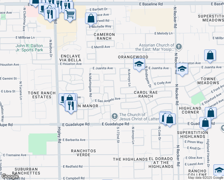map of restaurants, bars, coffee shops, grocery stores, and more near 1022 North Kirby Street in Gilbert