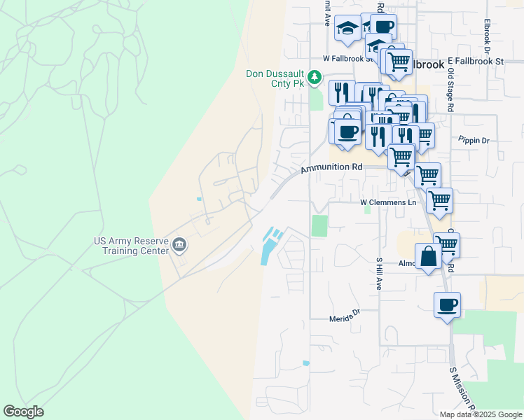 map of restaurants, bars, coffee shops, grocery stores, and more near 640 Ammunition Road in Fallbrook