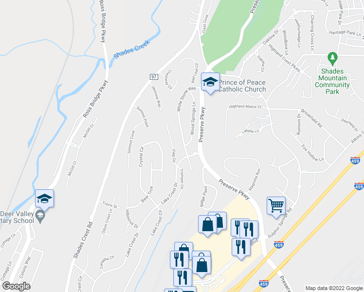 map of restaurants, bars, coffee shops, grocery stores, and more near 597 White Stone Way in Birmingham