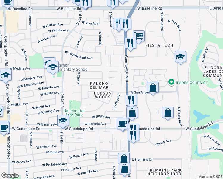 map of restaurants, bars, coffee shops, grocery stores, and more near 514 West Meseto Avenue in Mesa