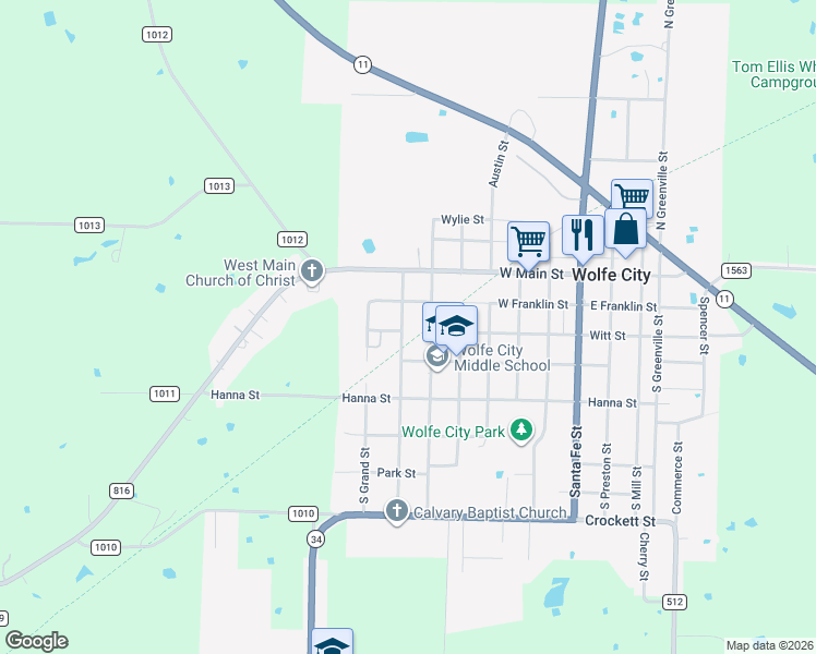 map of restaurants, bars, coffee shops, grocery stores, and more near 211 Jackson Street in Wolfe City