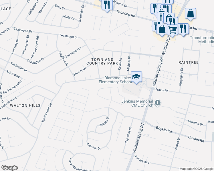 map of restaurants, bars, coffee shops, grocery stores, and more near 2540 Spirit Creek Road in Hephzibah