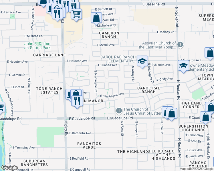 map of restaurants, bars, coffee shops, grocery stores, and more near 1024 North Moccasin Trail in Gilbert
