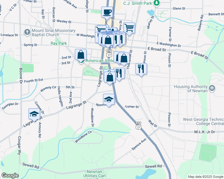 map of restaurants, bars, coffee shops, grocery stores, and more near 83 Greenville Street South in Newnan