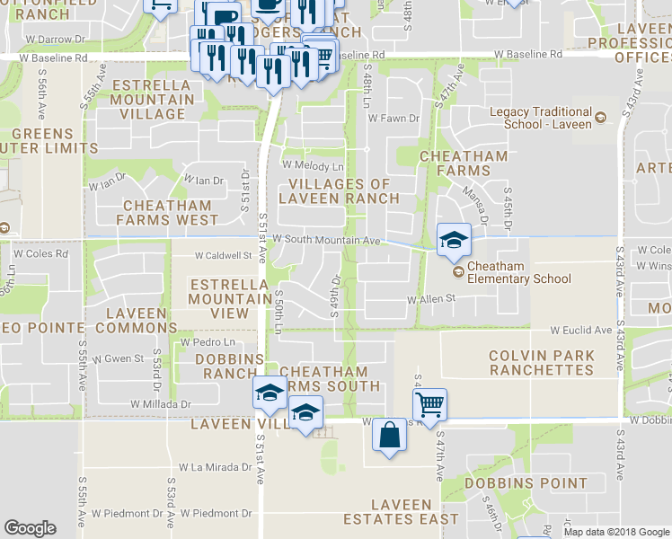 map of restaurants, bars, coffee shops, grocery stores, and more near 8502 South 49th Drive in Phoenix