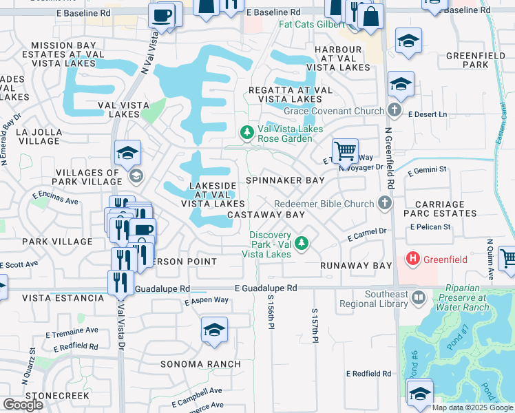 map of restaurants, bars, coffee shops, grocery stores, and more near 2119 East Mallard Court in Gilbert