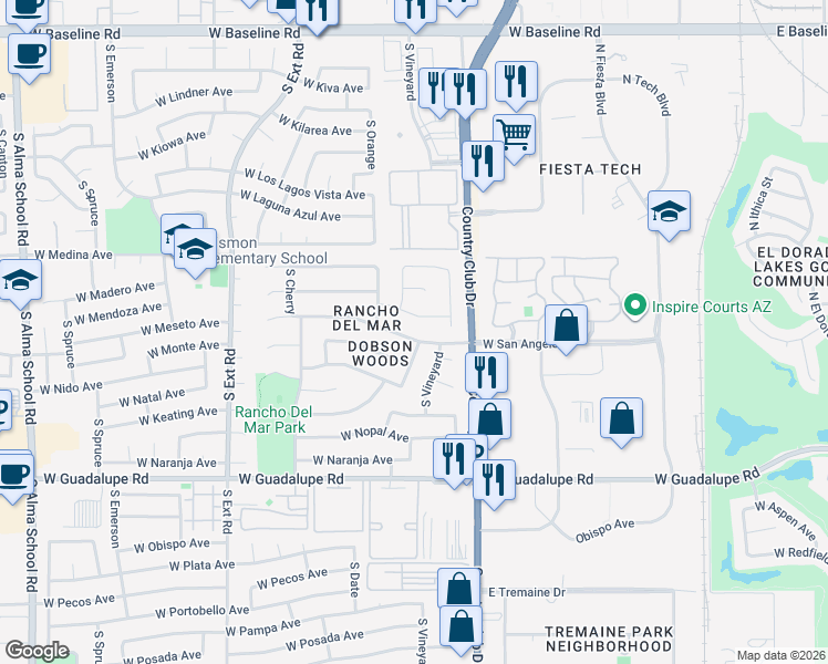 map of restaurants, bars, coffee shops, grocery stores, and more near 514 West Meseto Avenue in Mesa