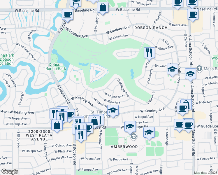 map of restaurants, bars, coffee shops, grocery stores, and more near 1754 West Meseto Avenue in Mesa