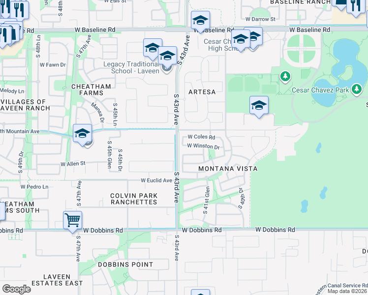 map of restaurants, bars, coffee shops, grocery stores, and more near 4311 West Ardmore Road in Maricopa County
