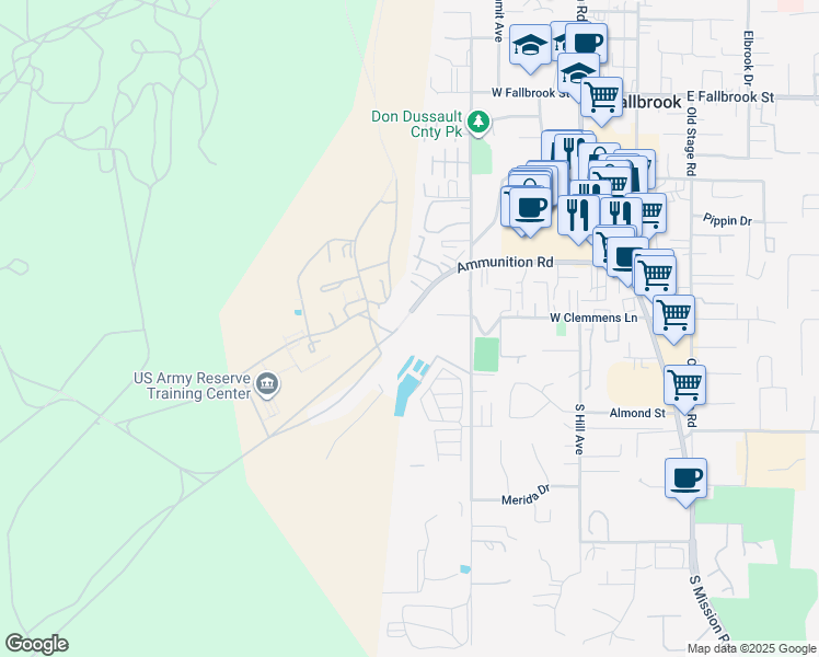 map of restaurants, bars, coffee shops, grocery stores, and more near 640 Ammunition Road in Fallbrook