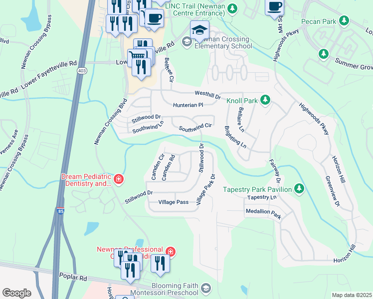 map of restaurants, bars, coffee shops, grocery stores, and more near 255 Village Park Drive in Newnan