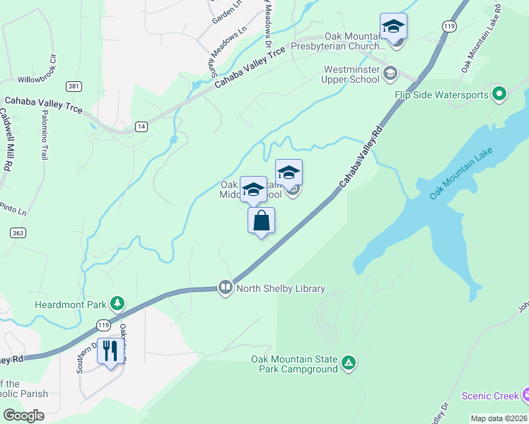 map of restaurants, bars, coffee shops, grocery stores, and more near 5640 Cahaba Valley Road in Birmingham