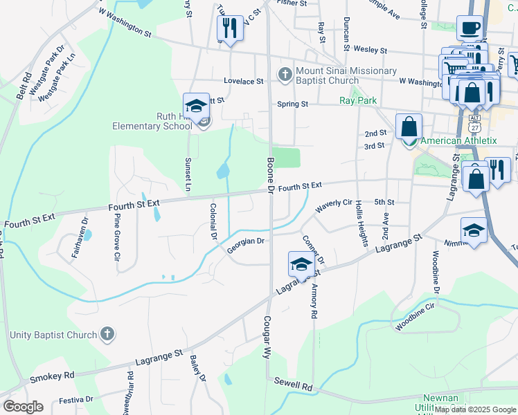 map of restaurants, bars, coffee shops, grocery stores, and more near 24 Creekside Drive in Newnan