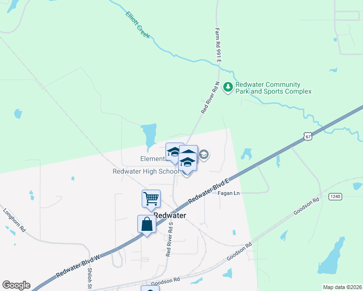 map of restaurants, bars, coffee shops, grocery stores, and more near 211 Red River Road North in Texarkana