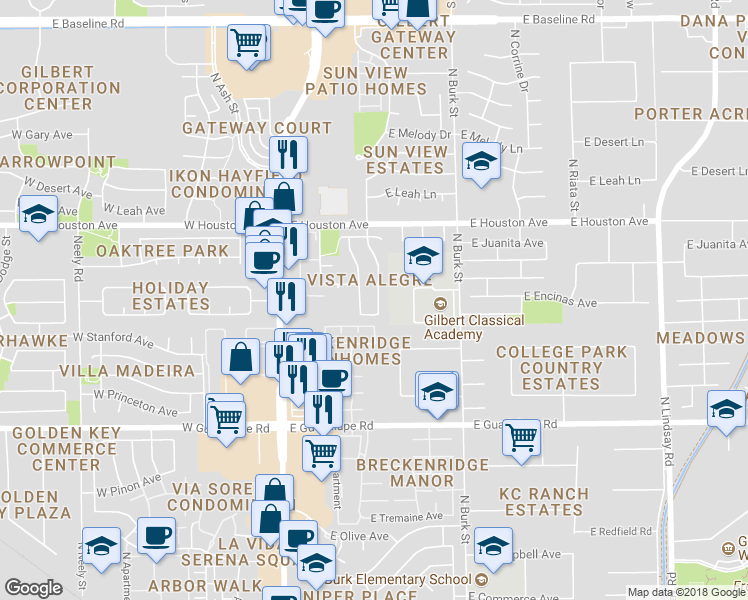 map of restaurants, bars, coffee shops, grocery stores, and more near 1016 North Palm Street in Gilbert