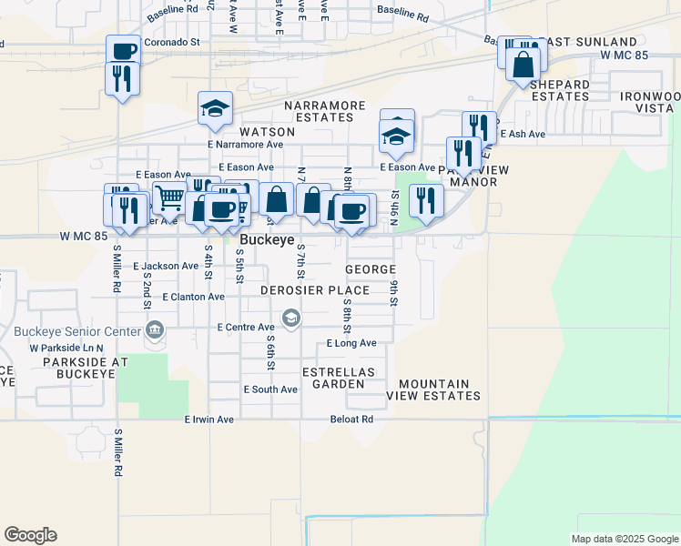 map of restaurants, bars, coffee shops, grocery stores, and more near 205 South 8th Street in Buckeye