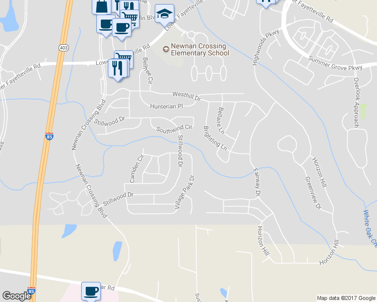 map of restaurants, bars, coffee shops, grocery stores, and more near 223 Village Park Drive in Newnan
