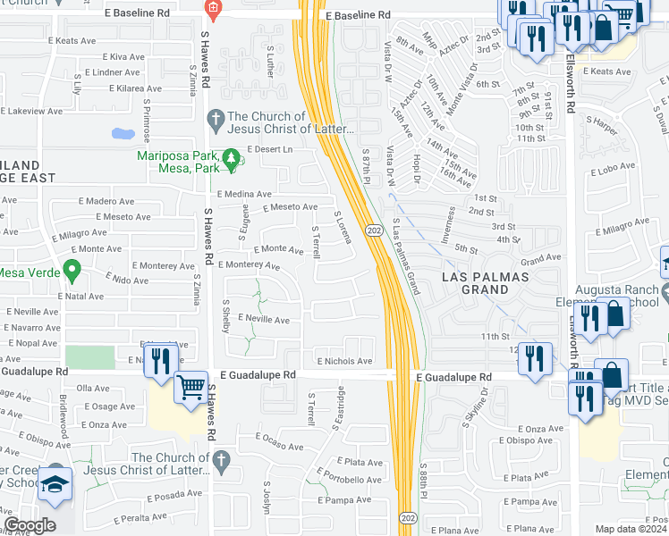 map of restaurants, bars, coffee shops, grocery stores, and more near 8645 East Monterey Avenue in Mesa