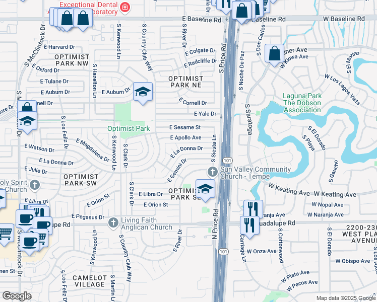 map of restaurants, bars, coffee shops, grocery stores, and more near 2139 East La Donna Drive in Tempe
