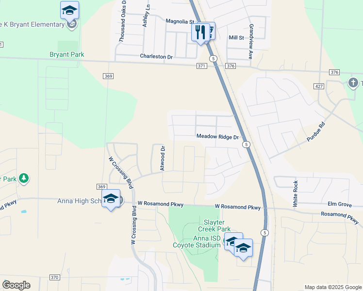 map of restaurants, bars, coffee shops, grocery stores, and more near 321 Meadow Ridge Drive in Anna