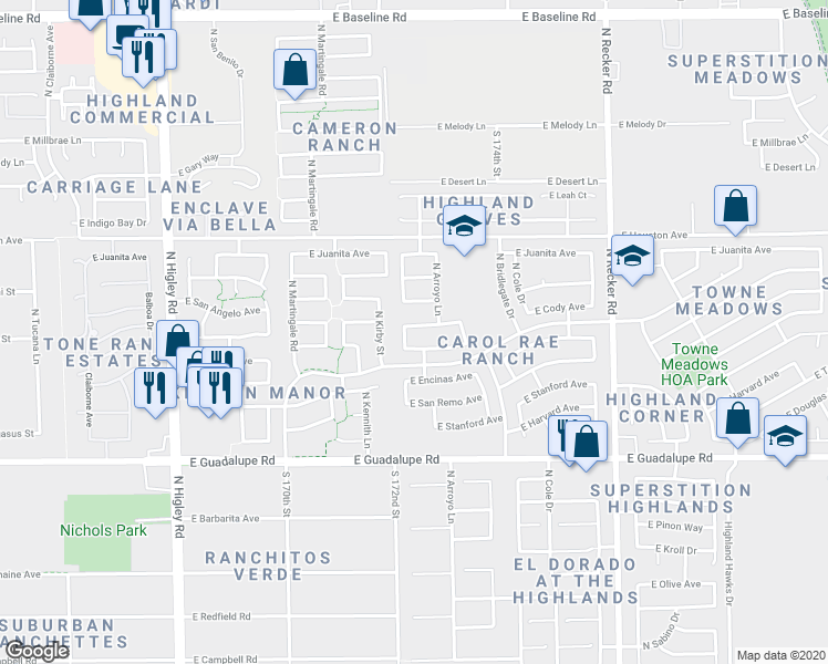 map of restaurants, bars, coffee shops, grocery stores, and more near 3641 East Feather Avenue in Gilbert
