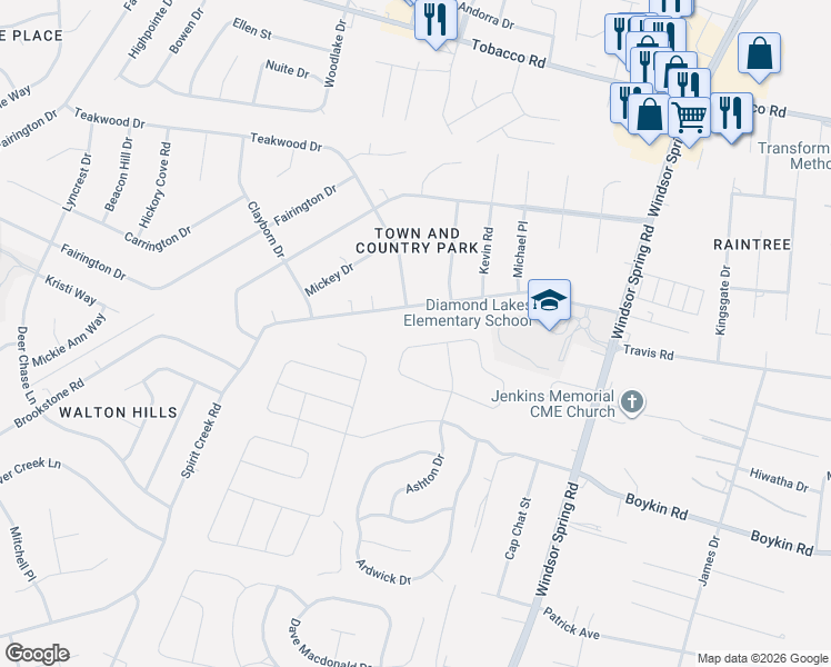 map of restaurants, bars, coffee shops, grocery stores, and more near 2552 Spirit Creek Road in Hephzibah