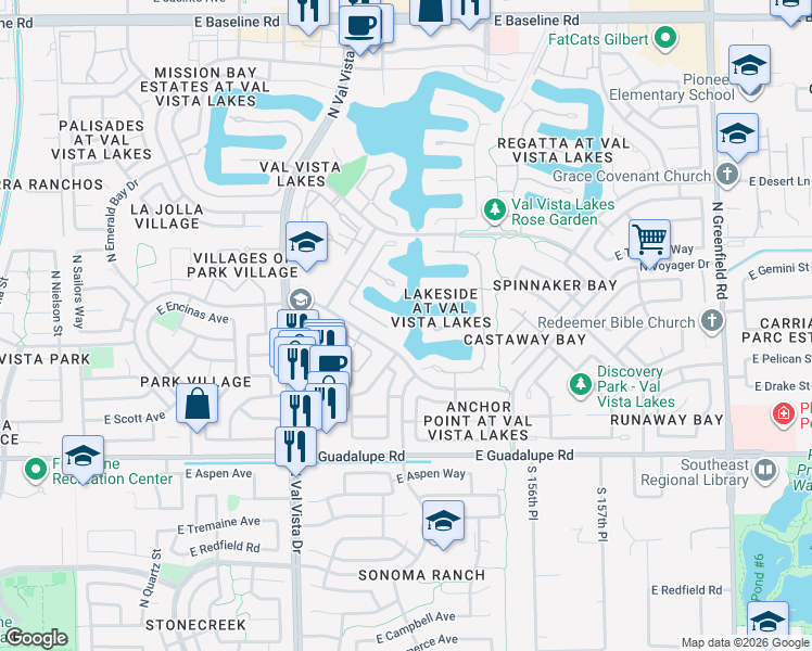 map of restaurants, bars, coffee shops, grocery stores, and more near 1802 East Queen Palm Drive in Gilbert