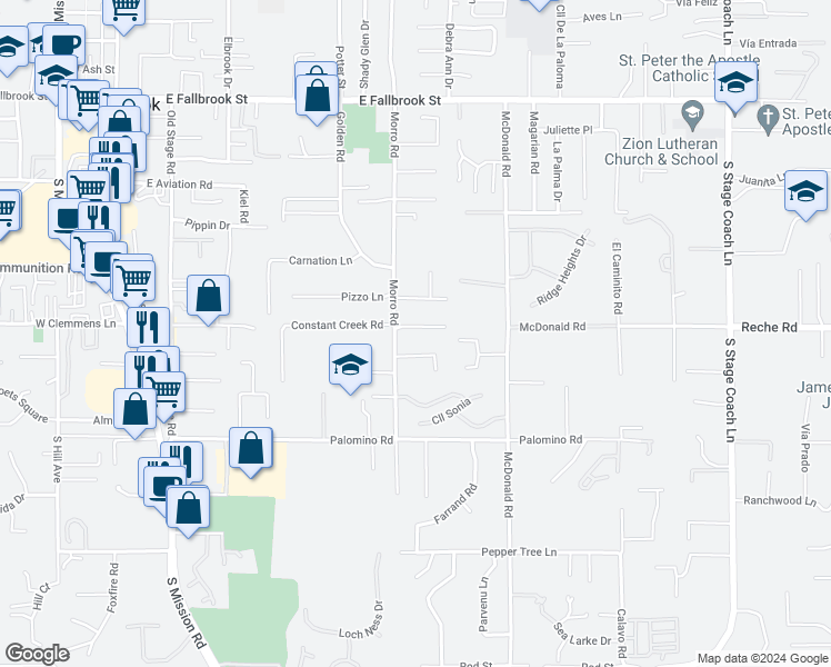 map of restaurants, bars, coffee shops, grocery stores, and more near 1058 Morro Road in Fallbrook