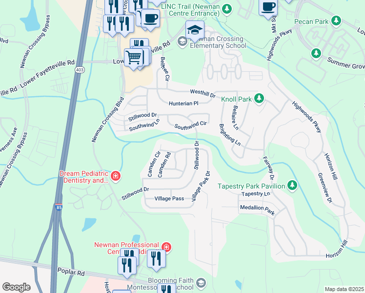 map of restaurants, bars, coffee shops, grocery stores, and more near 255 Village Park Drive in Newnan